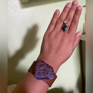 Wire wrapped purple jasper stone leather bracelet